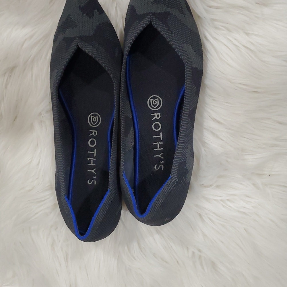 Rothy's The Point  Gray Camo  Flats with Sleek Pointed Toe and Blue Trim - Picture 16 of 16